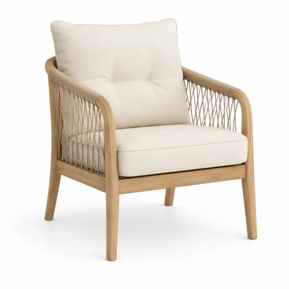 Sillón de exterior con reposabrazos de madera maciza de acacia cuerda trenzada y cojines beige 75 x 80 x 85 cm