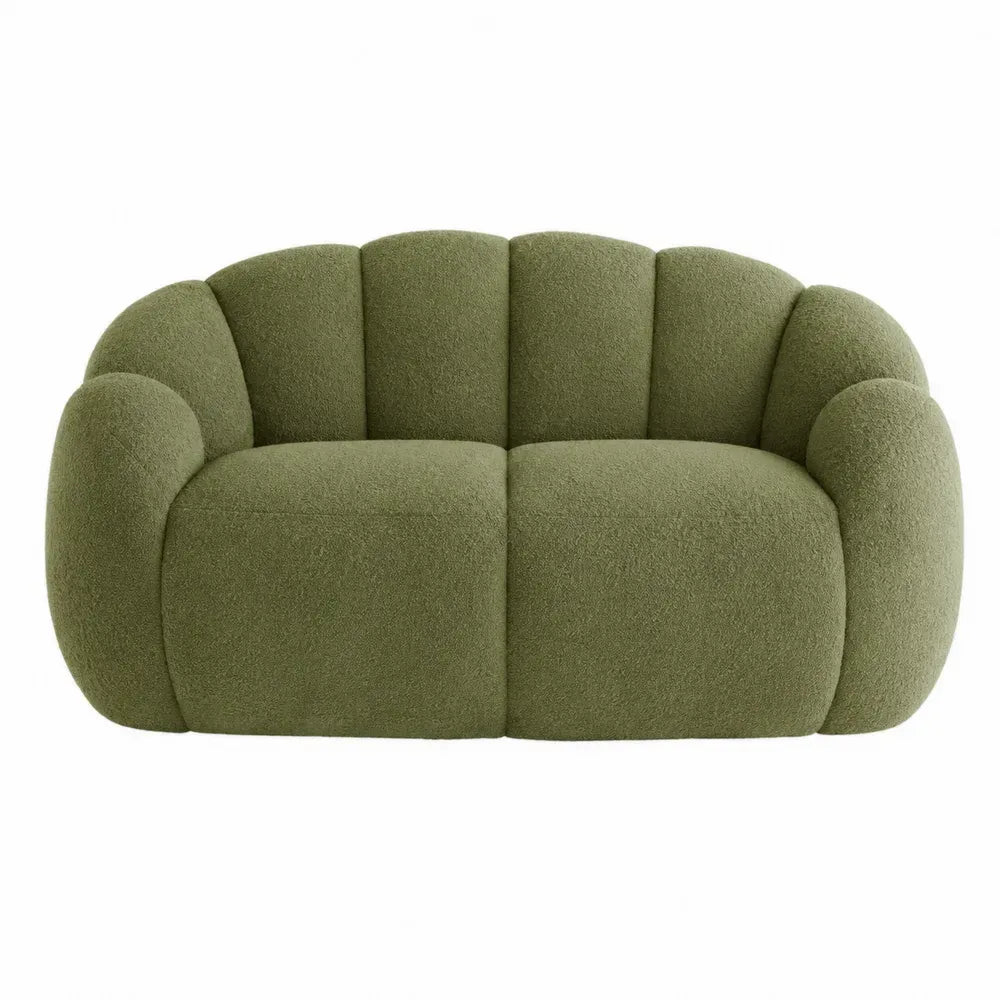 Sofá de 2 plazas tapizado en tejido bouclé color verde oliva diseño redondeado 160 cm x 85 cm x 70 cm