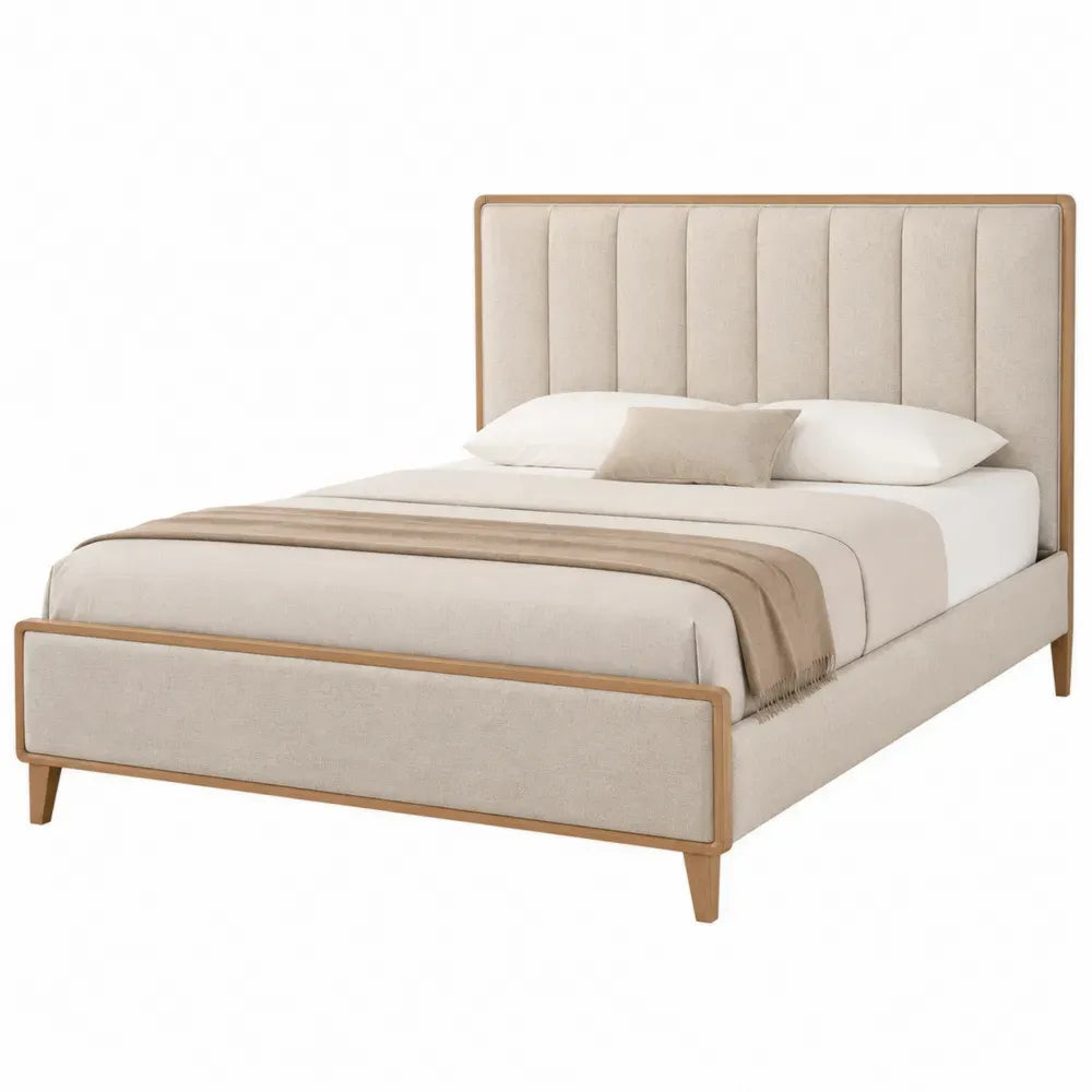 Cama tapizada para colchón 160 x 200 cm con cabecero acolchado estructura de MDF y madera beige y madera natural rectangular