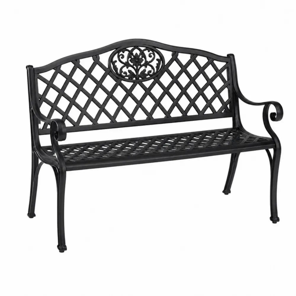 Banco de exterior de 2 plazas de acero con asiento rectangular respaldo de rejilla y brazos curvos negro 120 x 55 x 85 cm