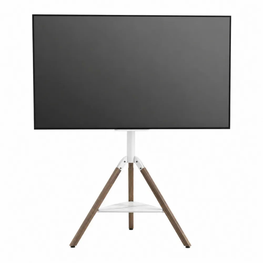 Soporte de TV trípode con estante de madera MDF y superficie efecto mármol acero negro 120 cm x 40 cm x 130 cm color blanco madera natural negro