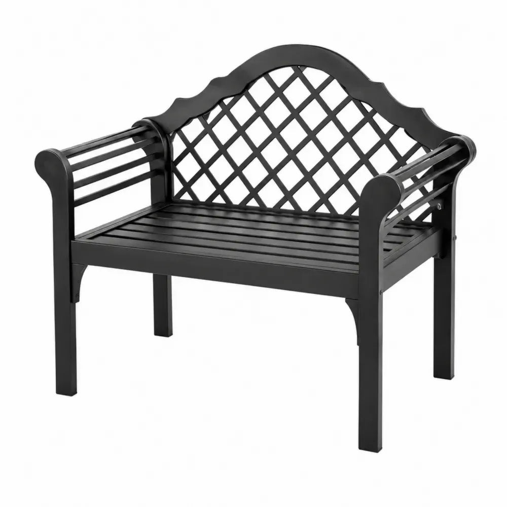 Banco de exterior de acero con respaldo de celosía y asiento de listones color negro 120 cm x 60 cm x 85 cm