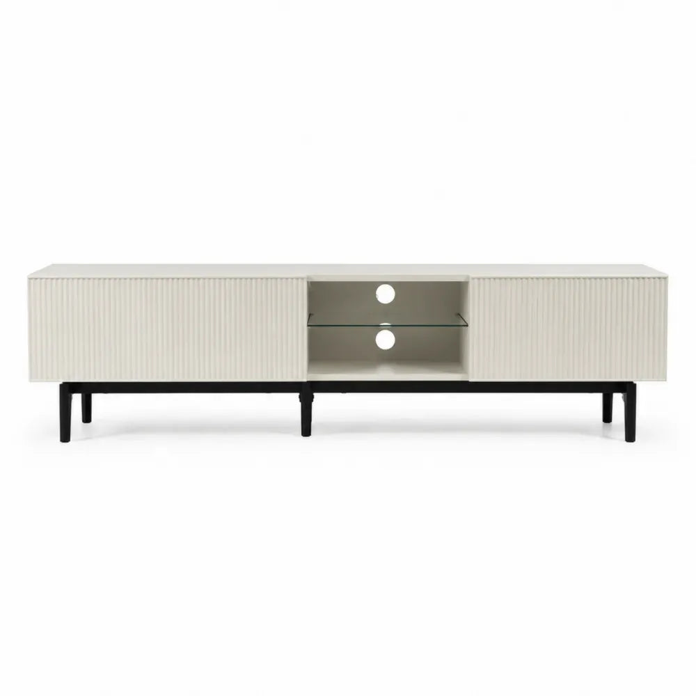 Mueble para TV en madera MDF con puertas correderas estriadas estante de vidrio templado estructura metálica 180 cm x 40 cm x 50 cm color blanco crema negro