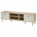 Mueble para TV de MDF color madera natural y blanco con puertas acanaladas y estantes abiertos 180 x 40 x 55 cm