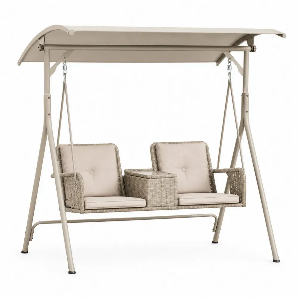 Columpio de exterior de 2 plazas con toldo estructura de acero y asiento de ratán sintético PE beige 180 x 120 x 160 cm