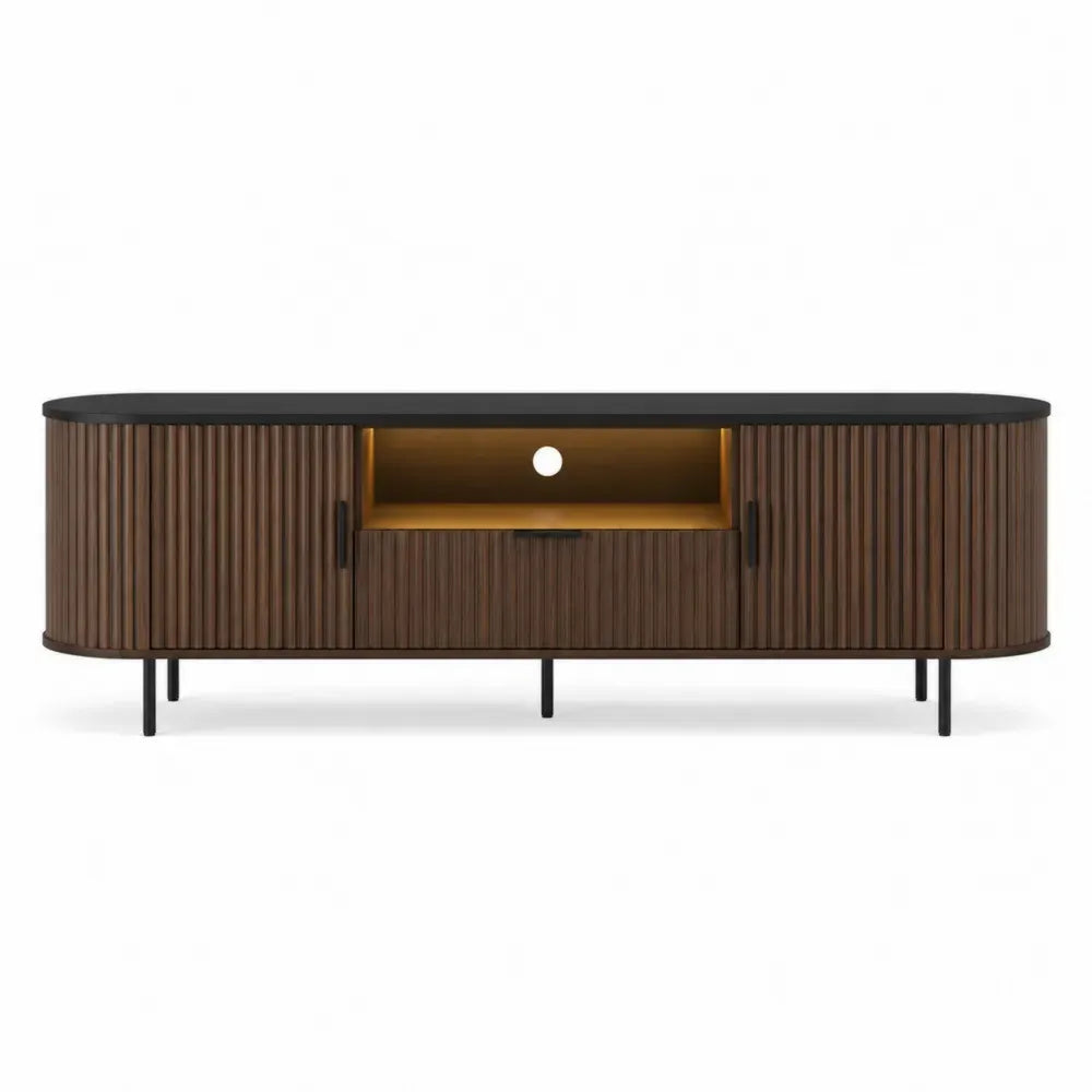 Mueble para TV con puertas acanaladas en madera MDF estante de vidrio templado estructura de acero 180 cm x 40 cm x 50 cm color madera oscura negro