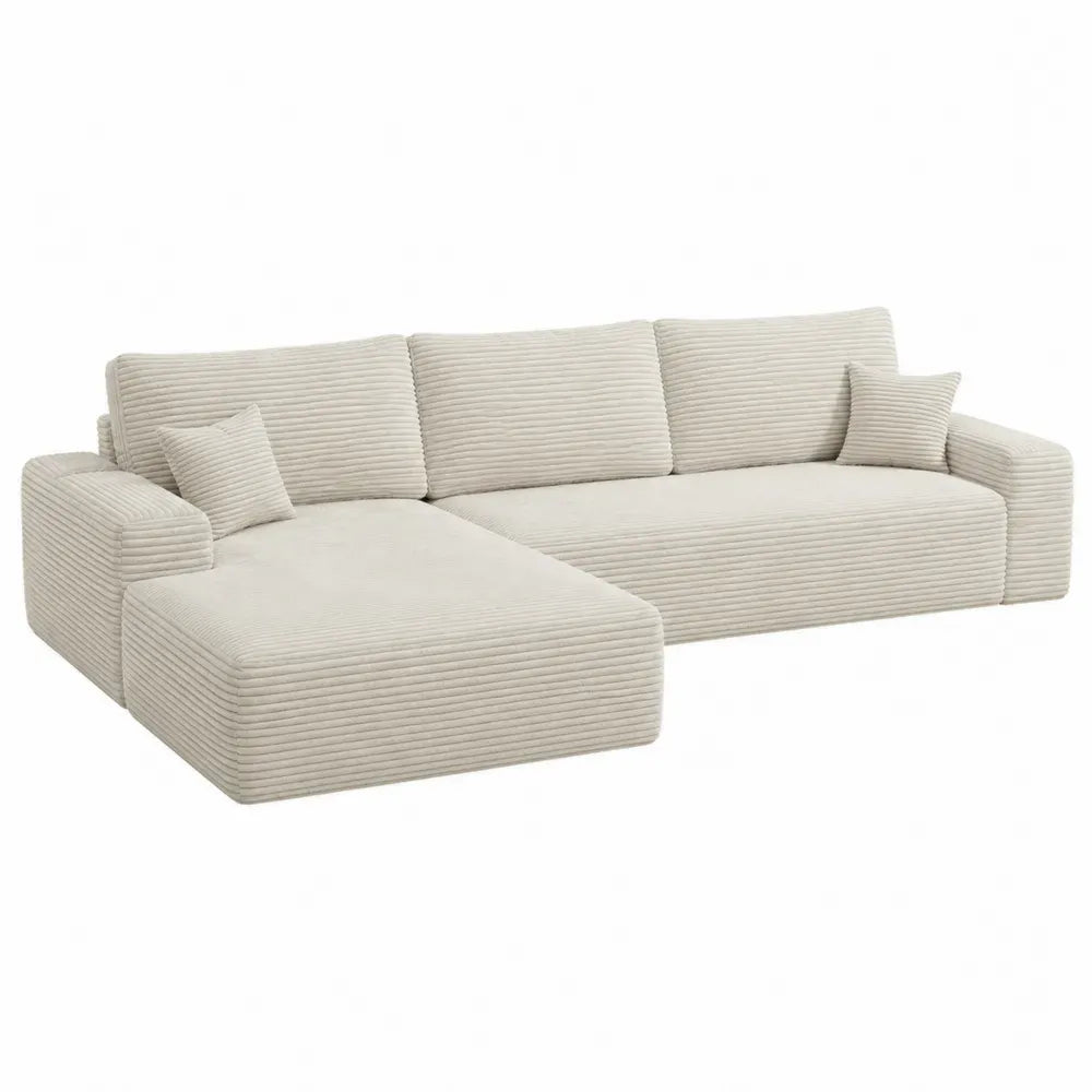 Sofá modular en L tapizado en tejido de poliéster acanalado con chaise longue izquierda estructura de madera 320 x 200 x 85 cm color beige claro