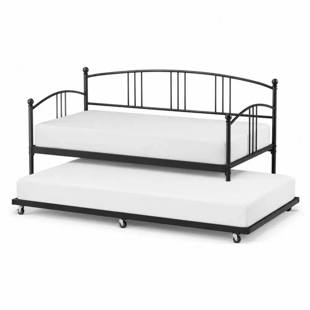 Cama nido de metal negro con cama inferior extraíble con ruedas y dos colchones 90 x 200 cm diseño moderno