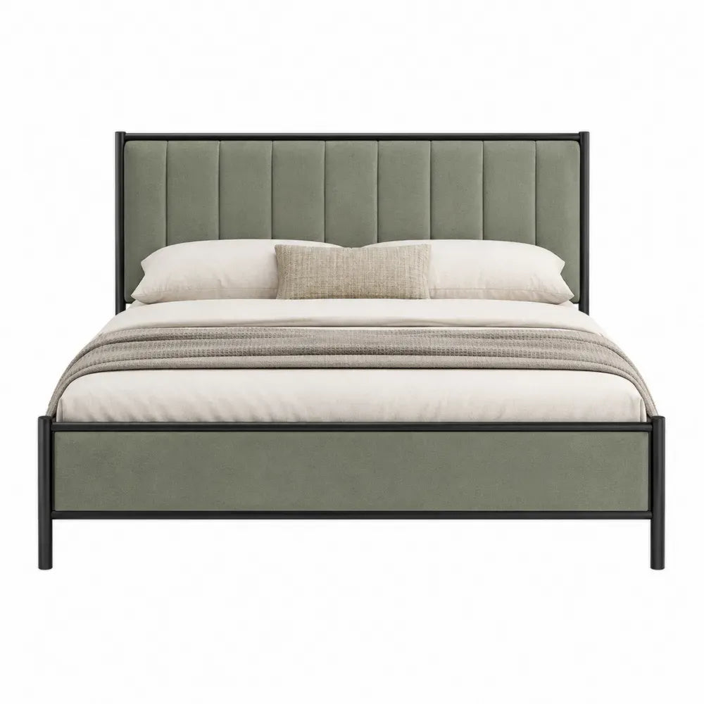 Cama tapizada para colchón 160 x 200 cm con cabecero acolchado estructura de acero rectangular verde oliva y negro