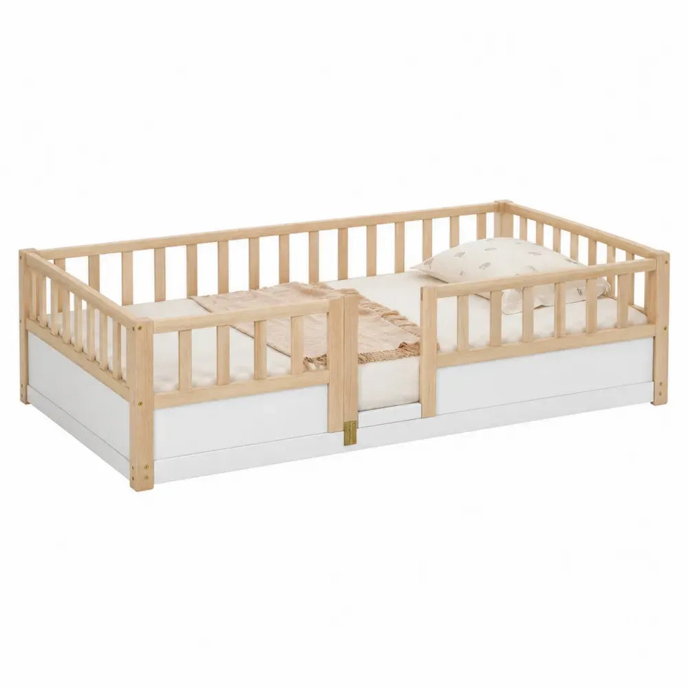 Cama infantil rectangular con barandillas y cajón para colchón 90 x 200 cm madera de pino y MDF natural y blanco
