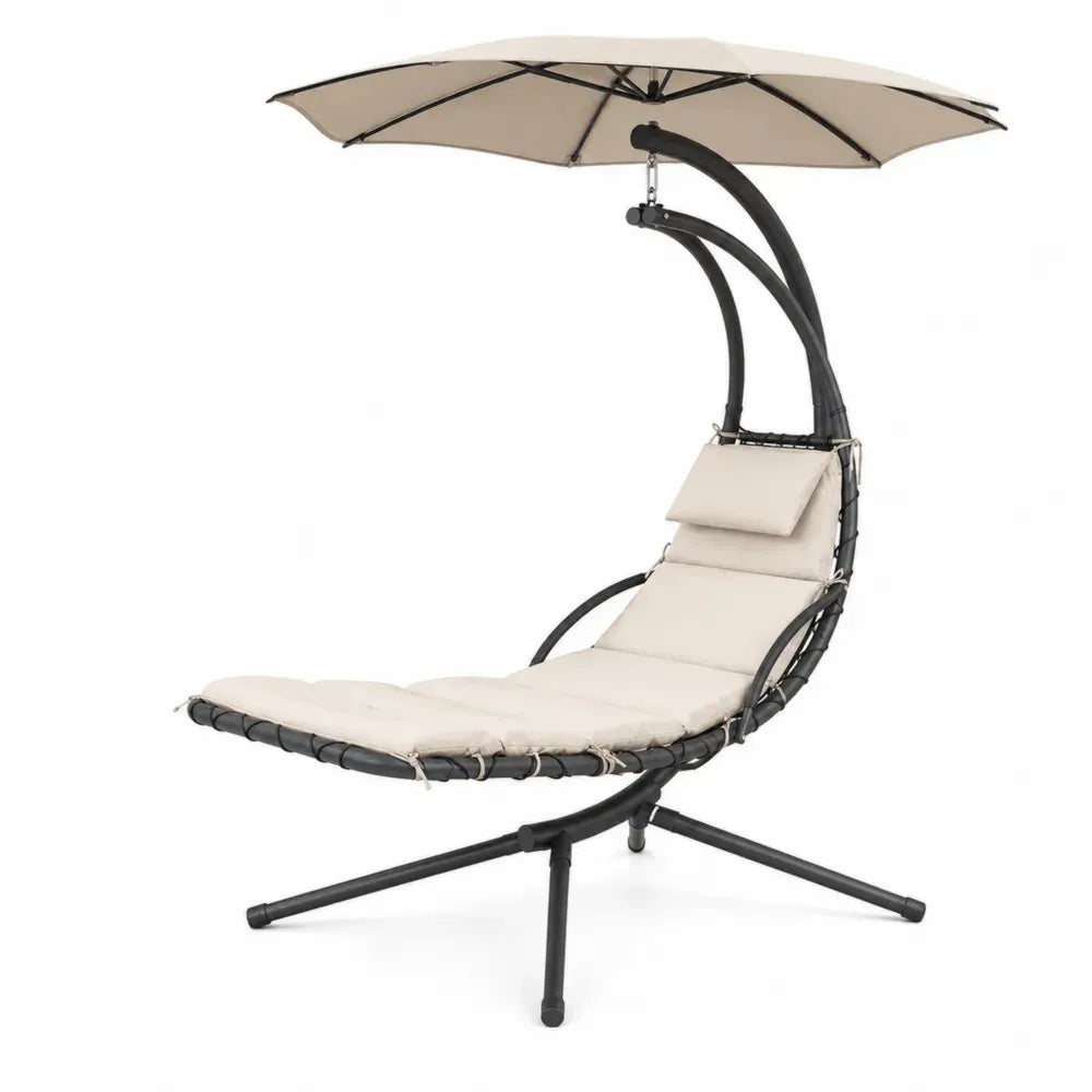 Silla colgante con soporte y toldo de acero con recubrimiento en polvo asiento de poliéster y estructura independiente 195 cm x 105 cm x 200 cm color negro beige