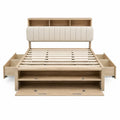 Cama doble tapizada con almacenaje MDF madera natural beige con cajones laterales y cabecero con estantes 160 x 200 cm
