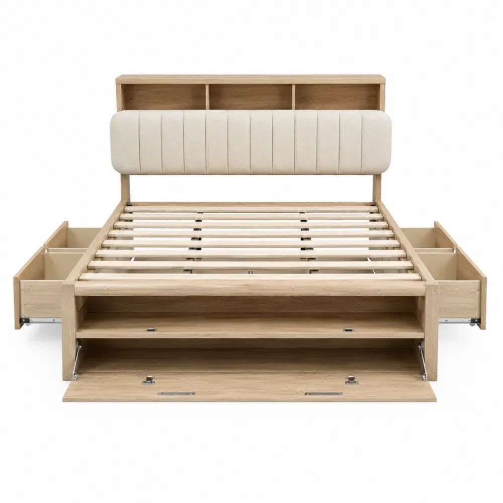 Cama doble tapizada con almacenaje MDF madera natural beige con cajones laterales y cabecero con estantes 160 x 200 cm