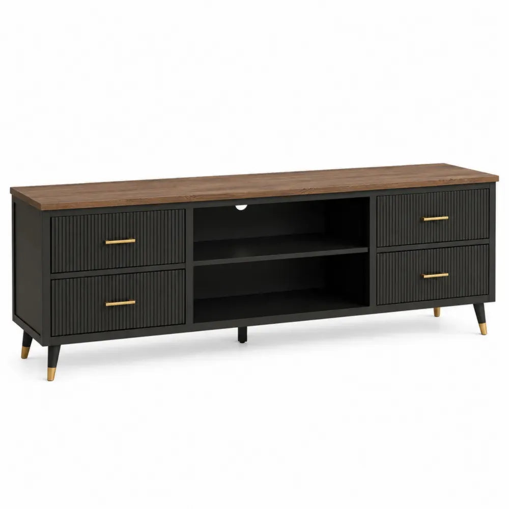 Mueble para TV de MDF negro con tablero efecto madera marrón cajones acanalados y patas metálicas 180 x 40 x 55 cm