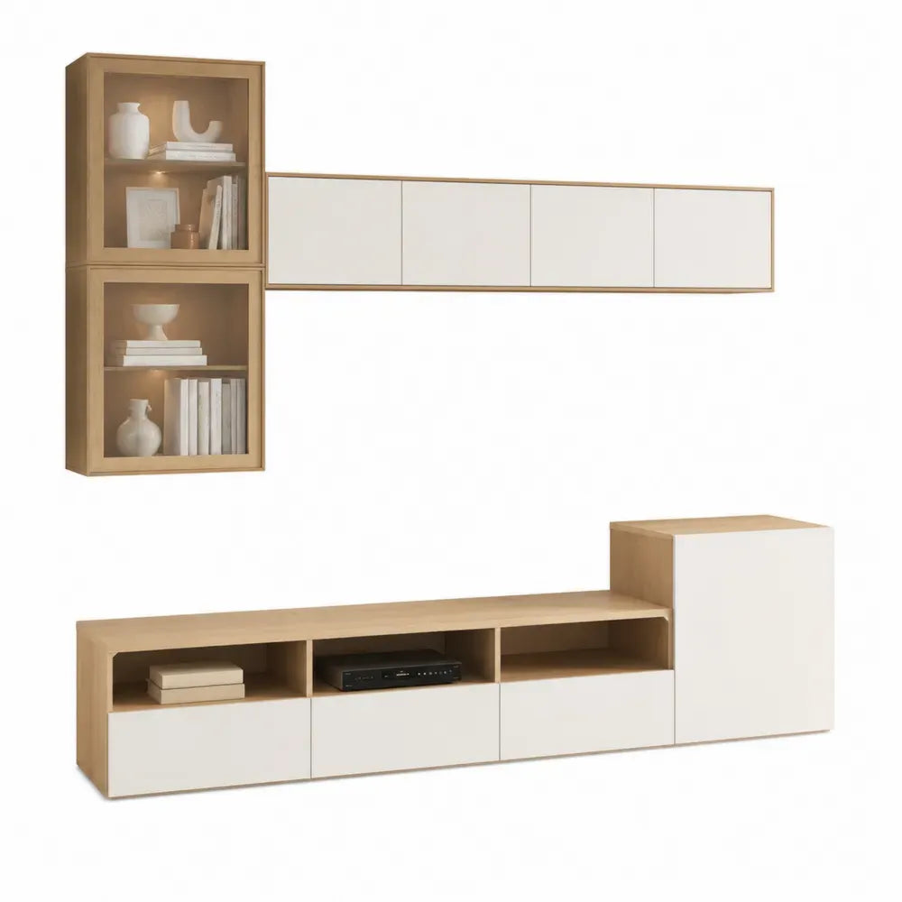 Mueble para TV modular de pared con armario inferior estanterías MDF madera roble blanco mate vidrio templado 240 cm x 40 cm x 180 cm blanco roble