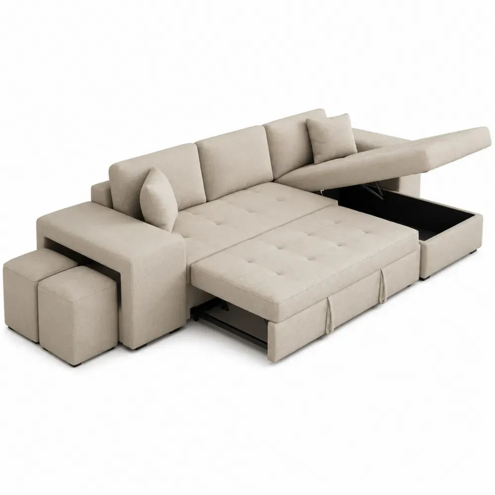 Sofá seccional en L convertible con almacenamiento y cama extensible tejido de poliéster estructura de madera 260 cm x 160 cm x 85 cm color beige claro